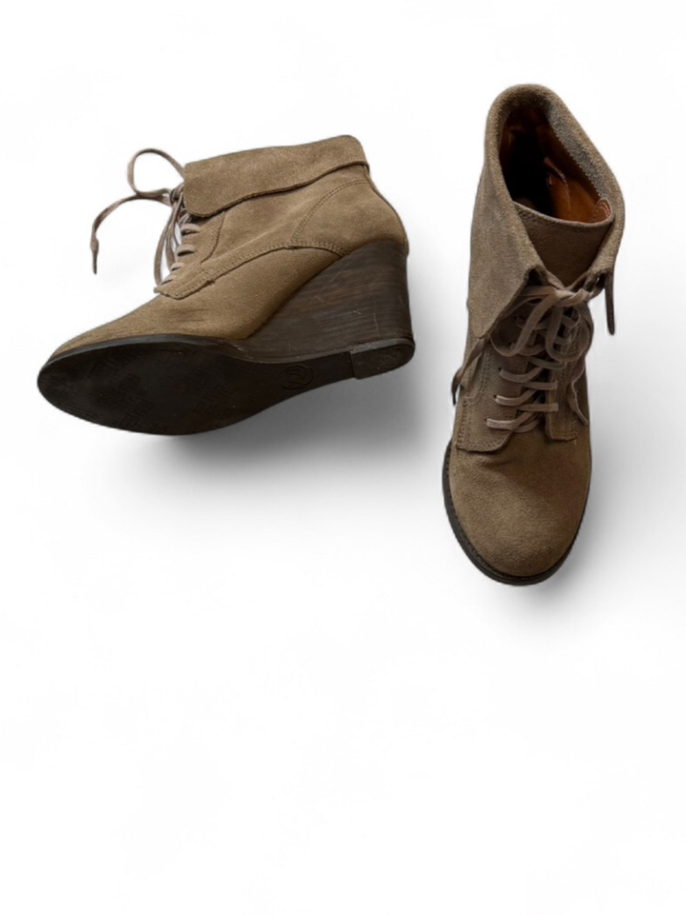 Lucky Brand‎ Yuzu Taupe Suede Lace Up Wedge Ankle Booties, Women's Size 8.5